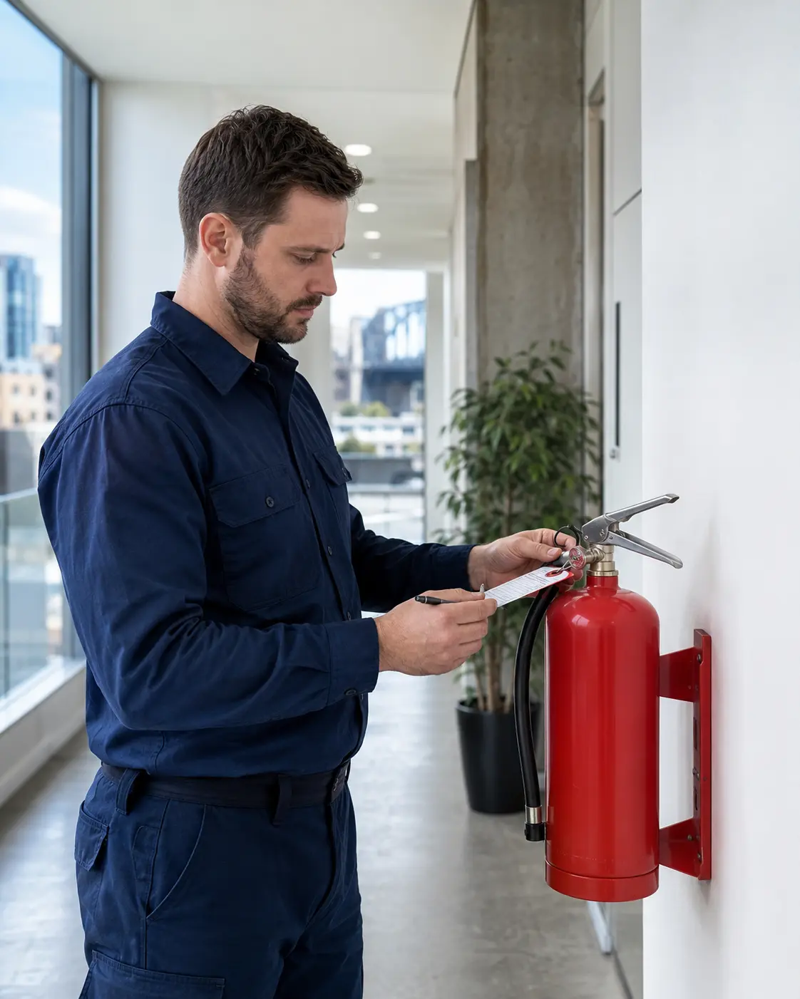 Fire safety technician inspecting a fire extinguisher in a Sydney commercial building