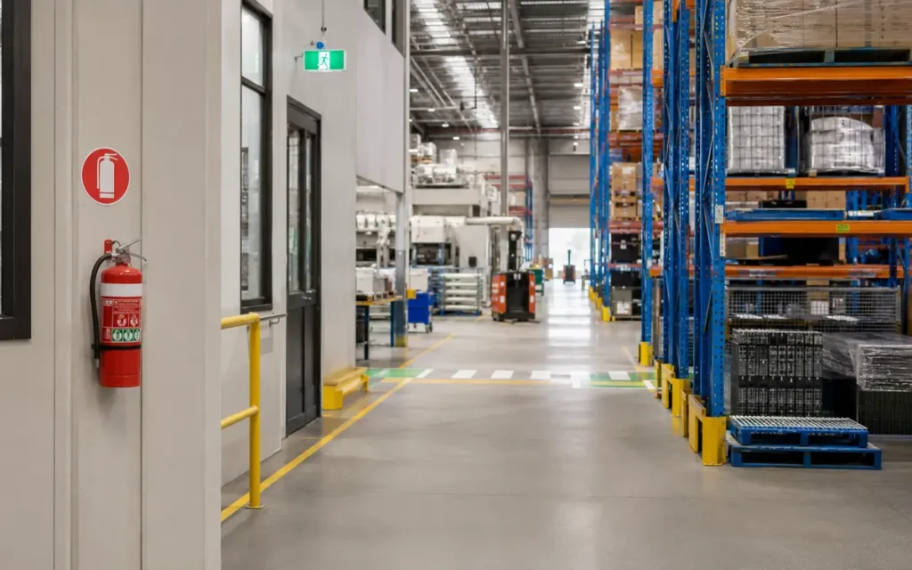 Fire extinguisher and exit equipment inside a Sydney industrial facility