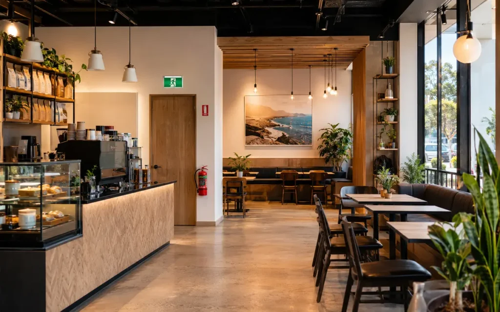 Fire extinguisher and emergency exit equipment inside a Sydney café