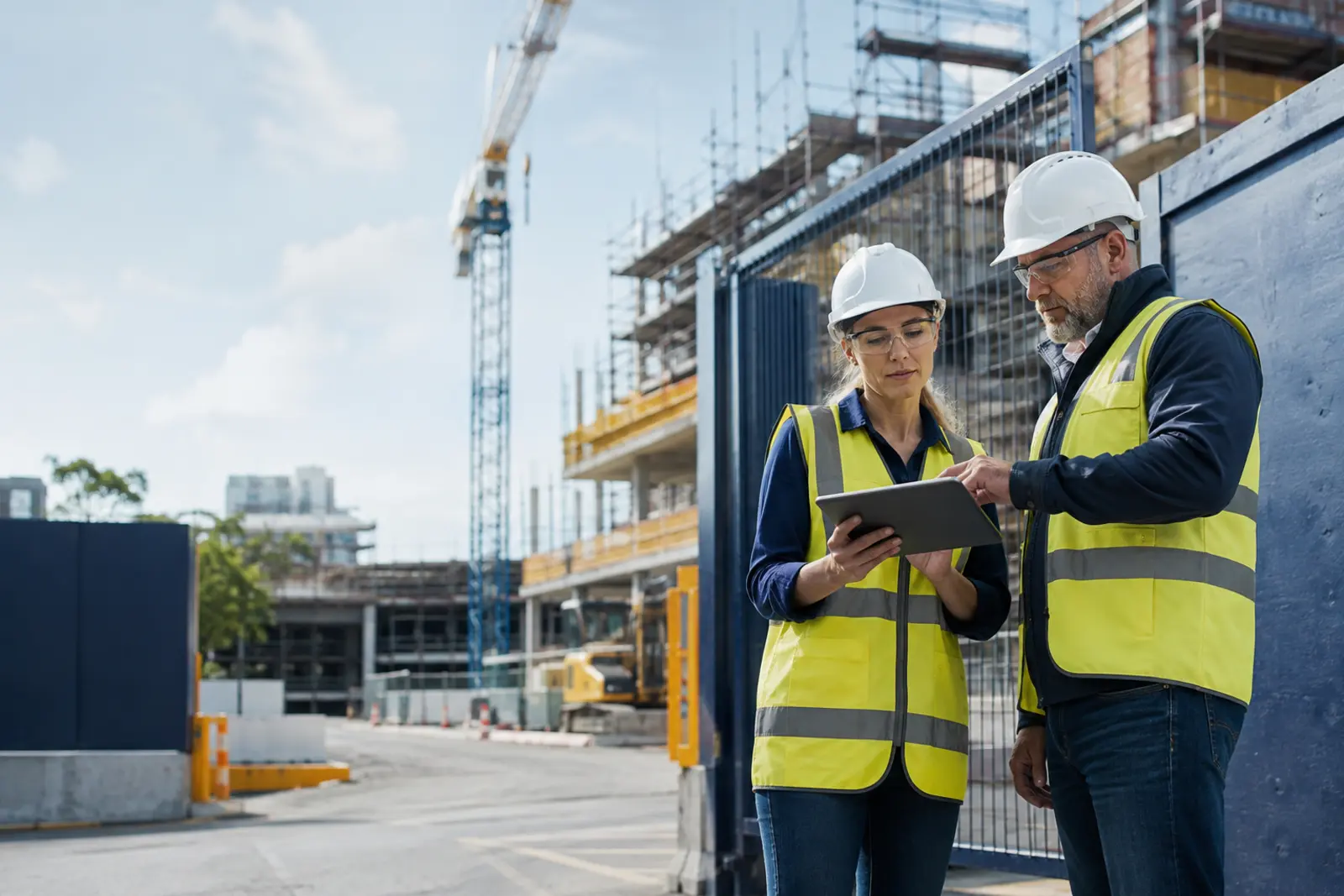Safety consultant and contractor reviewing site controls at a Sydney construction site