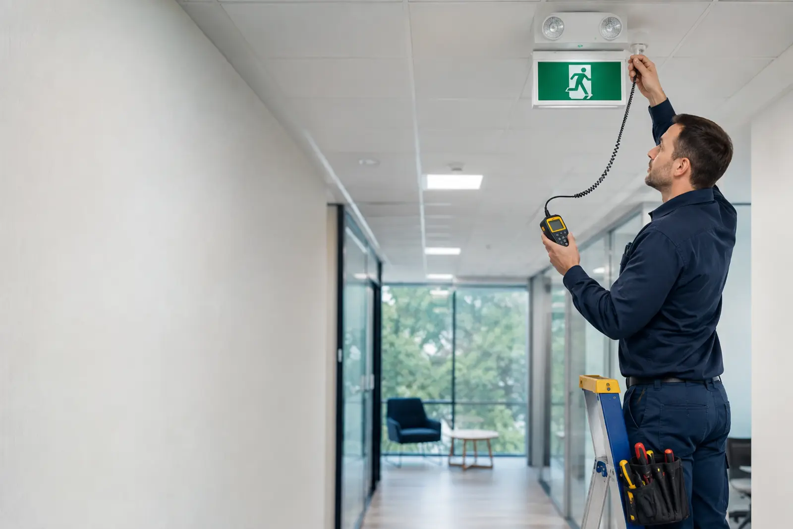 Technician testing an emergency light and exit sign in a commercial corridor