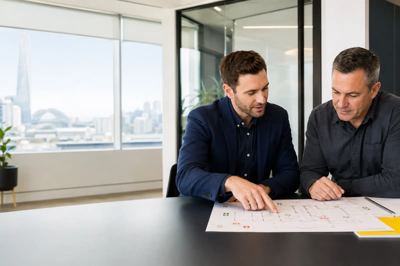 Consultant and facility manager reviewing a workplace evacuation diagram