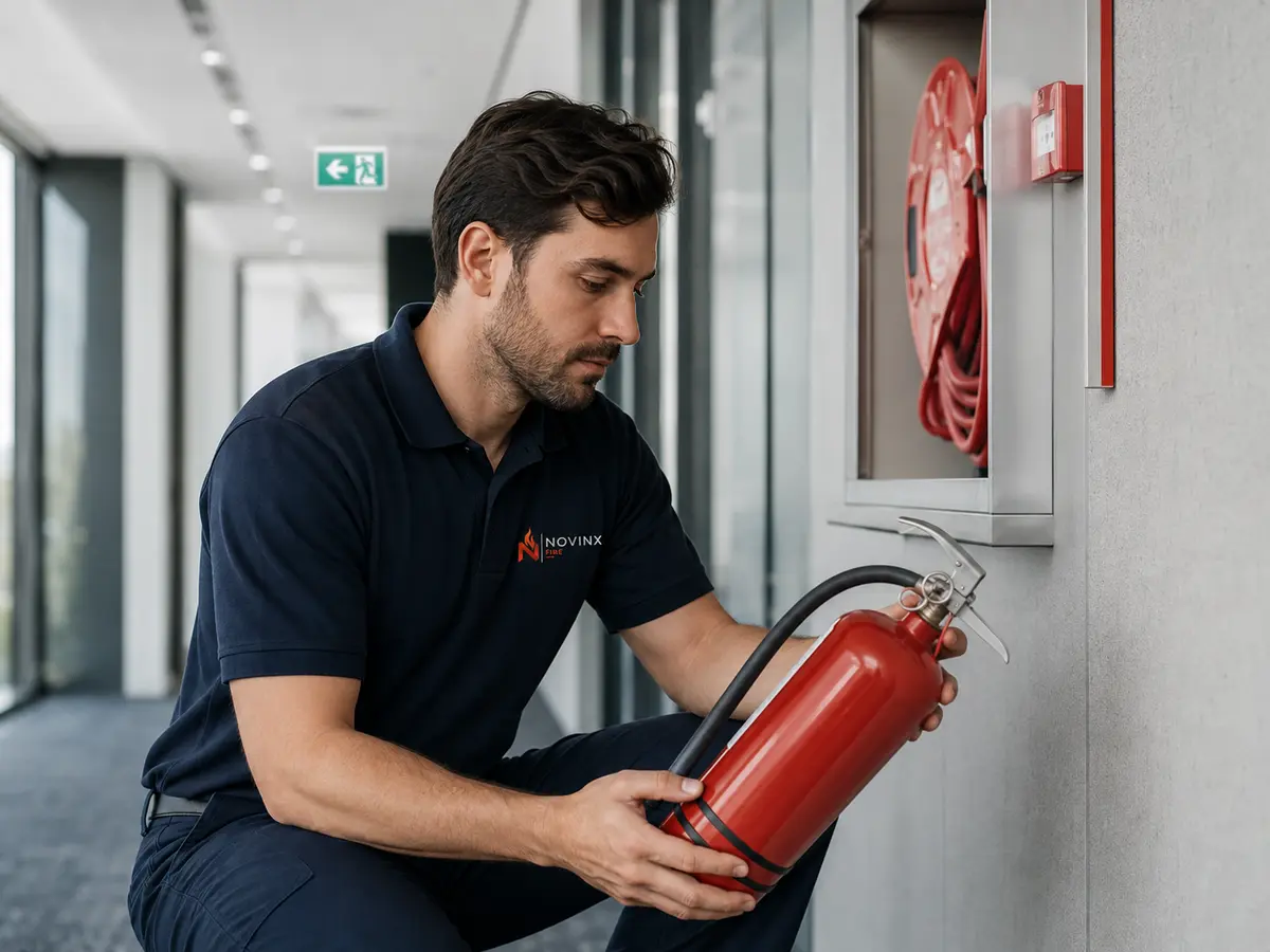 NovinX technician inspecting fire equipment in a Sydney commercial building