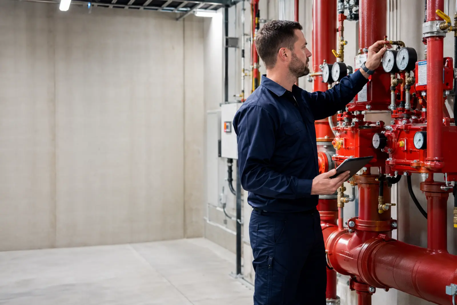 Technician inspecting fire suppression valves and gauges in a commercial plant room