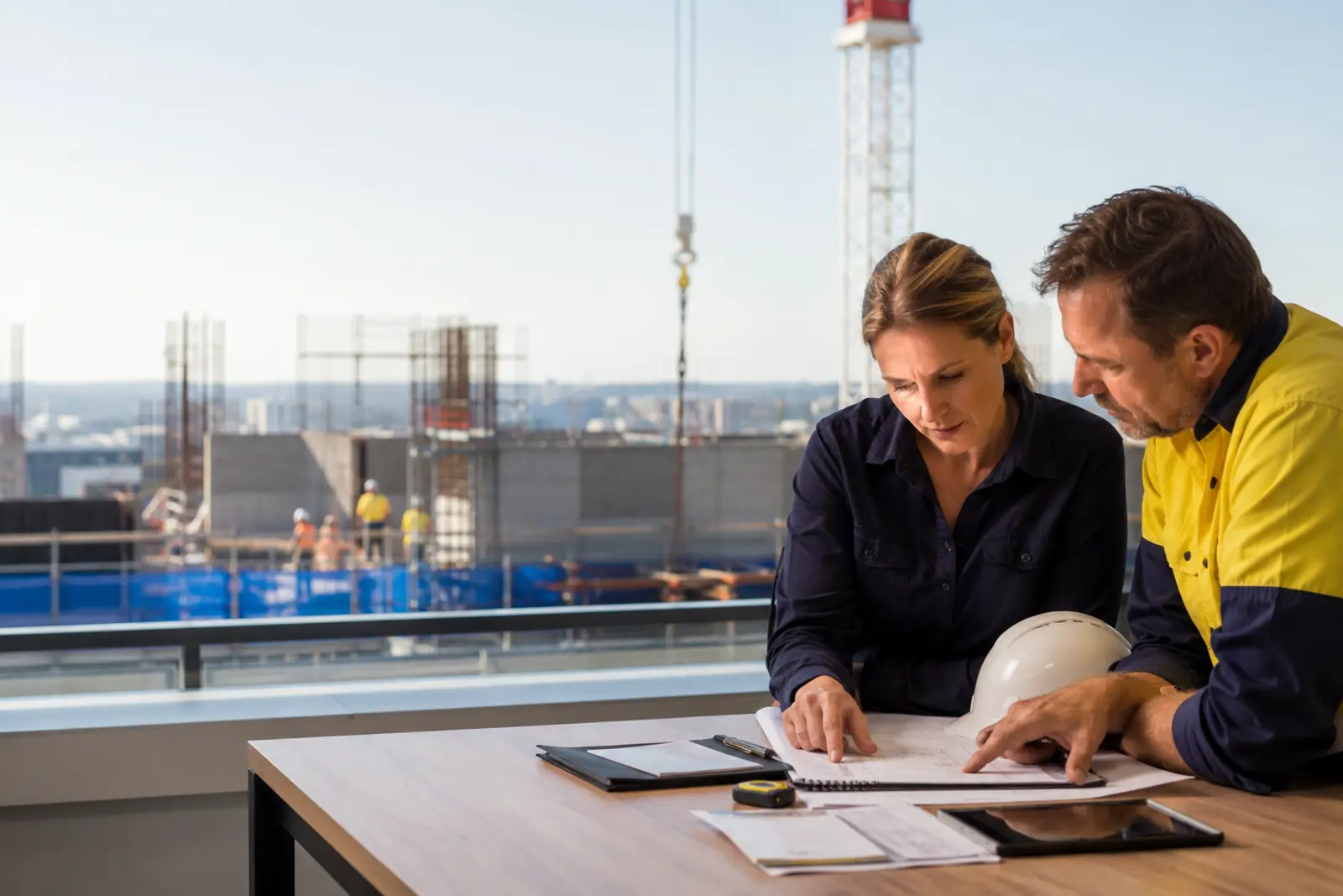 Safety consultant and supervisor reviewing a safe work method statement